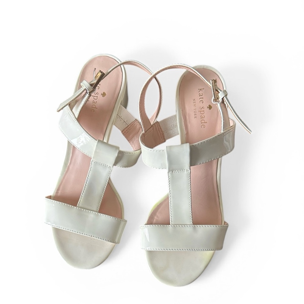 kate spade New York White Patent Sandals with Pink Insole and Gold Buckle US8.5